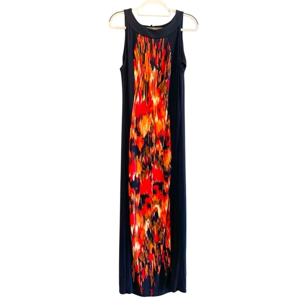R&M Richards Sleeveless Two Toned Abstract Print Maxi Dress Black Orange Size 12